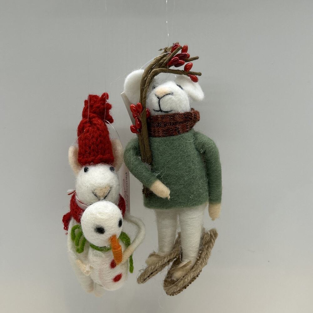 2 Felt Ornaments Primitives by Kathy Snowshoe Critter Mouse Tilly Winter Country